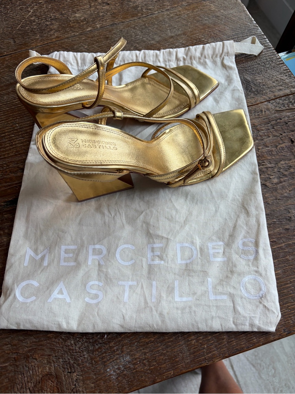 MERCEDES CASTILLO Metallic Gold Strappy Block Heel Sandals